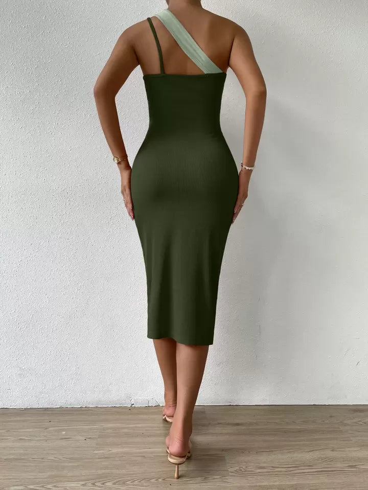 Two Tone Cut Out One Shoulder Asymmetrical Hem Dress Maxi Women Outfit
