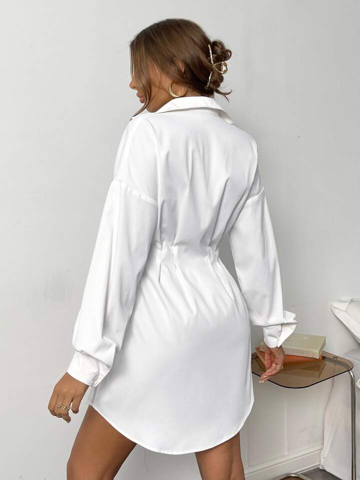 Ruched Drop Shoulder Shirt White Dress With Sleeves, White Graduation Dress,Business Casual Woman