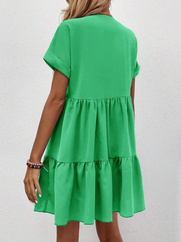 Women's V-Neck Short Sleeve Ruffled Hem Elegant Charming Fashion Dress