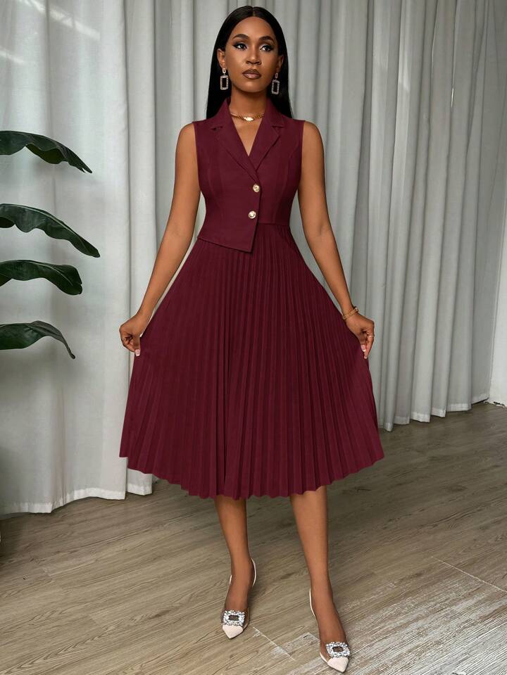 Pleated Sleeveless Single-Breasted Casual Summer Dress Burgundy Outfit