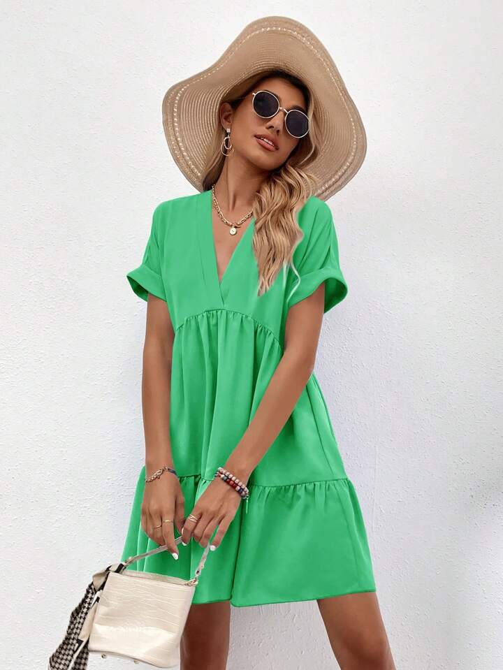 Women's V-Neck Short Sleeve Ruffled Hem Elegant Charming Fashion Dress