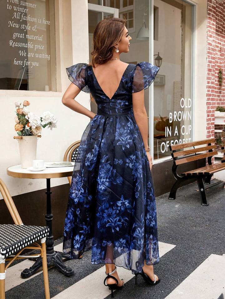 Women's Floral Print Cap Sleeve Dress With Sweetheart Collar