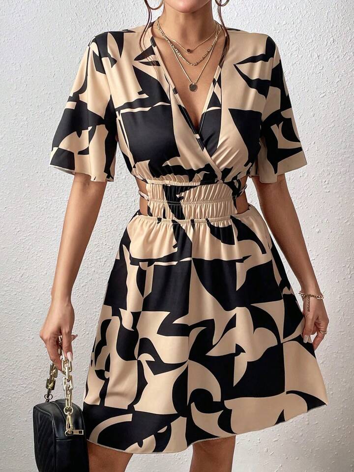 Cut Out, Wrap, Shirred Khaki Dress