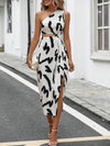 Allover Print One Shoulder Cut Out Waist Asymmetrical Hem Dress Maxi Women Outfit