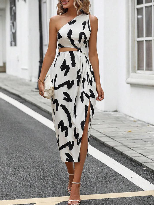 Allover Print One Shoulder Cut Out Waist Asymmetrical Hem Dress Maxi Women Outfit
