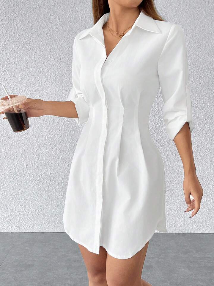 Button, Zipper, Plicated Shirt Dress