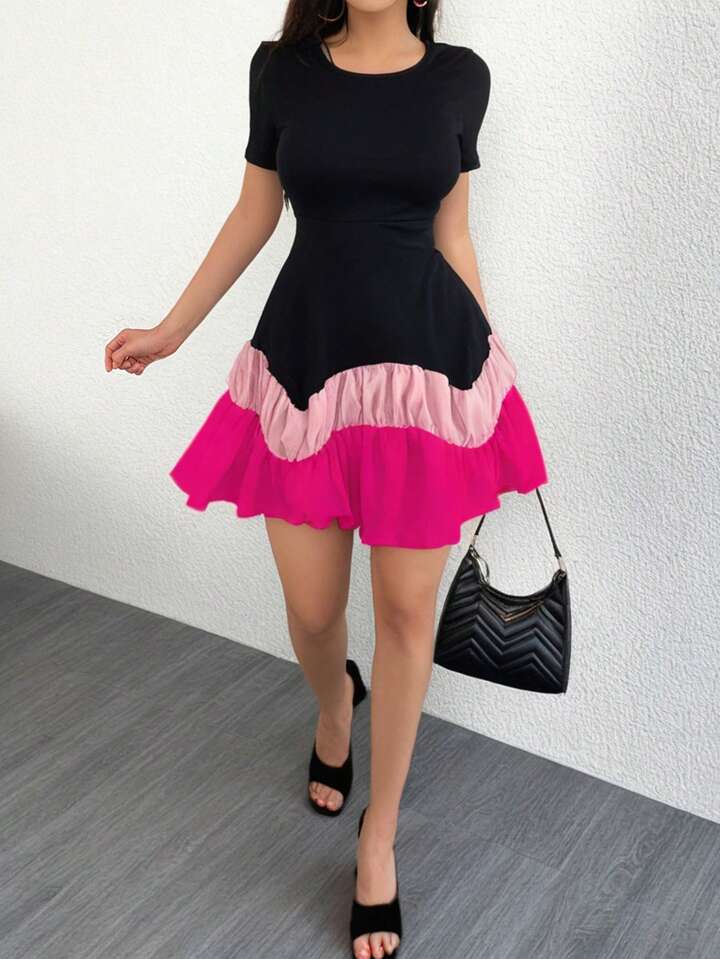 Round Neck Contrast Color Splicing Ruffle Hem Dress