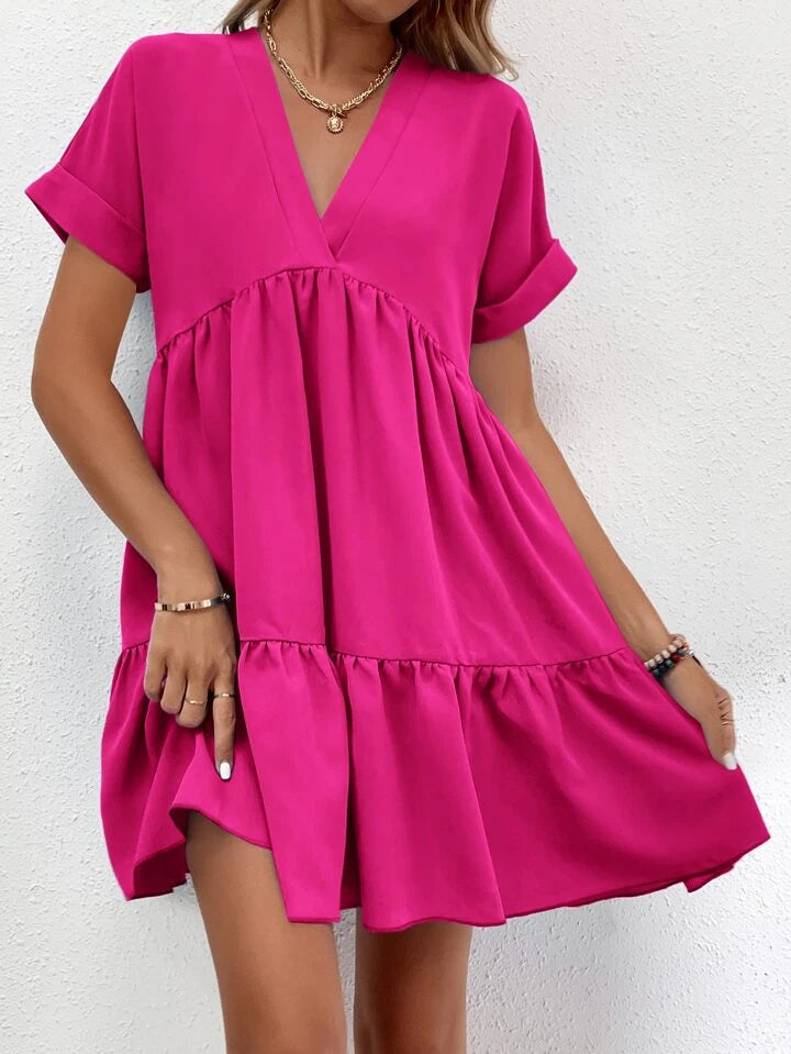 Roll Cuff Ruffle Hem Solid Dress