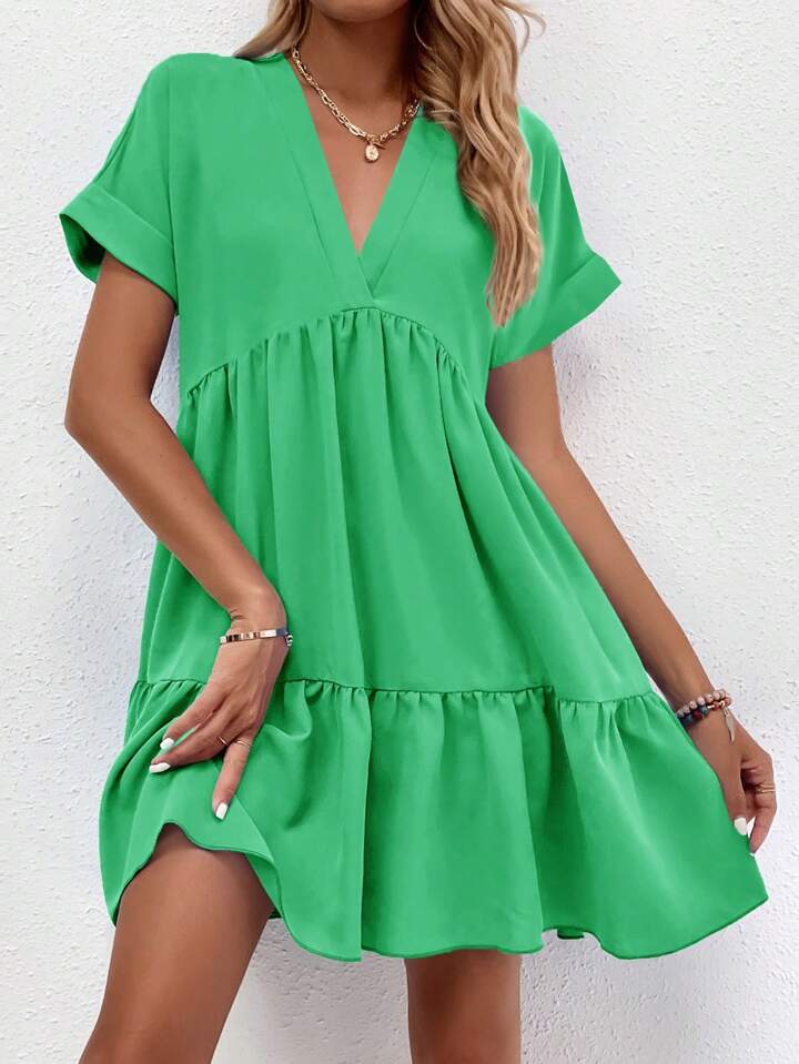Women's V-Neck Short Sleeve Ruffled Hem Elegant Charming Fashion Dress