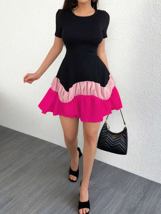 Round Neck Contrast Color Splicing Ruffle Hem Dress