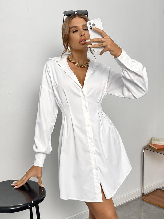 Ruched Drop Shoulder Shirt White Dress With Sleeves, White Graduation Dress,Business Casual Woman