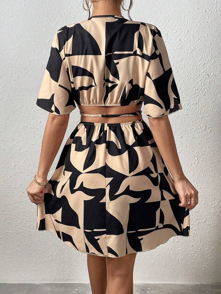 Cut Out, Wrap, Shirred Khaki Dress