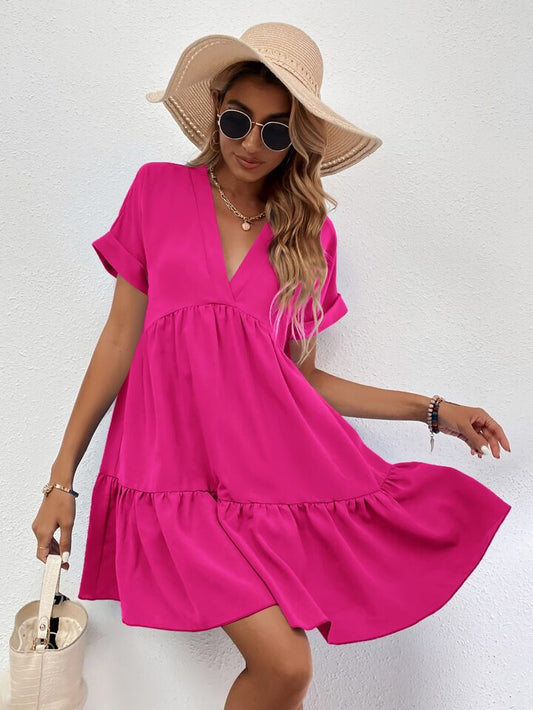 Roll Cuff Ruffle Hem Solid Dress
