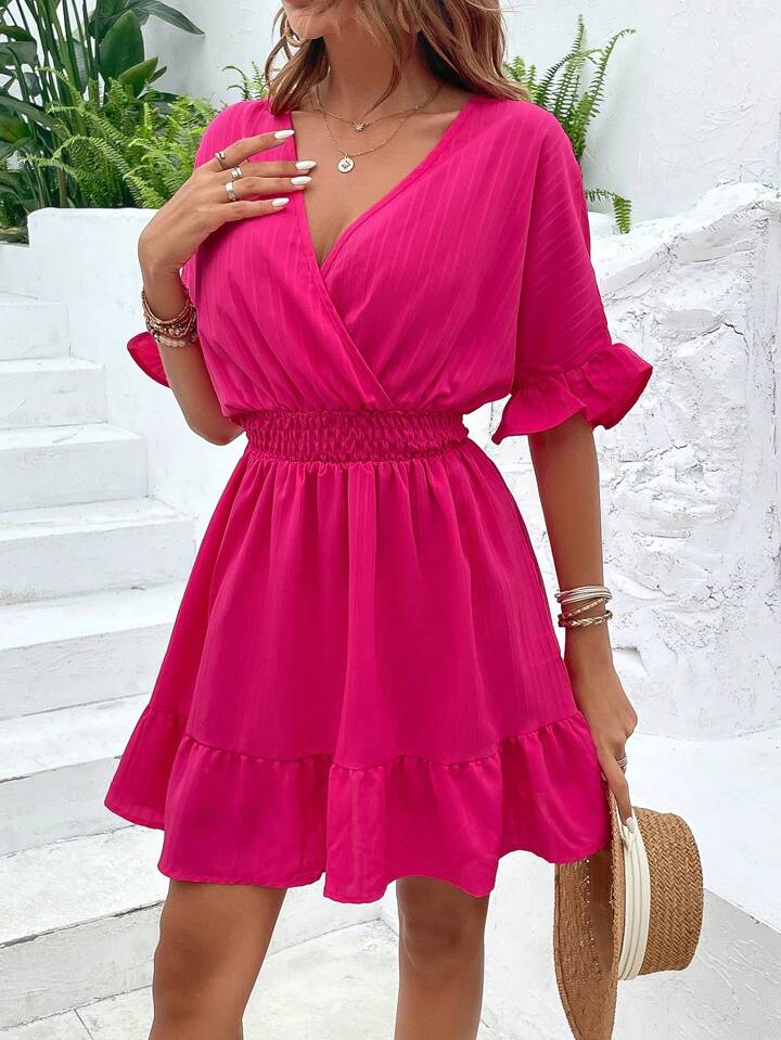 Frill, Ruffle Hem, Wrap Hot Pink Dress
