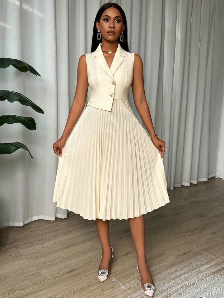 Women's Summer Sleeveless Elegant Pleated Dress With Contrast Collar Maxi Women Dress