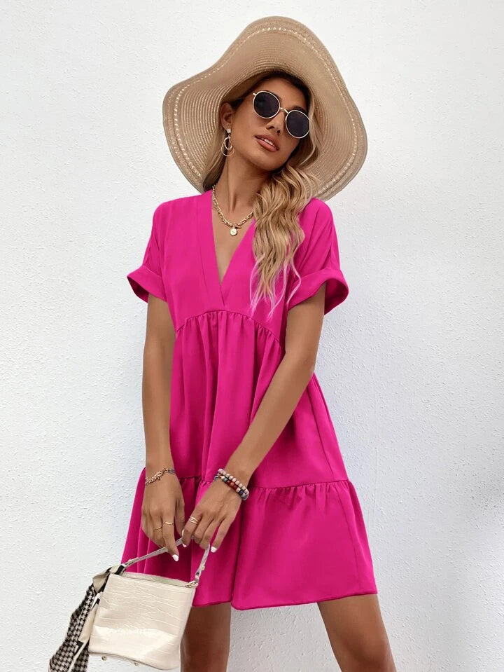 Roll Cuff Ruffle Hem Solid Dress