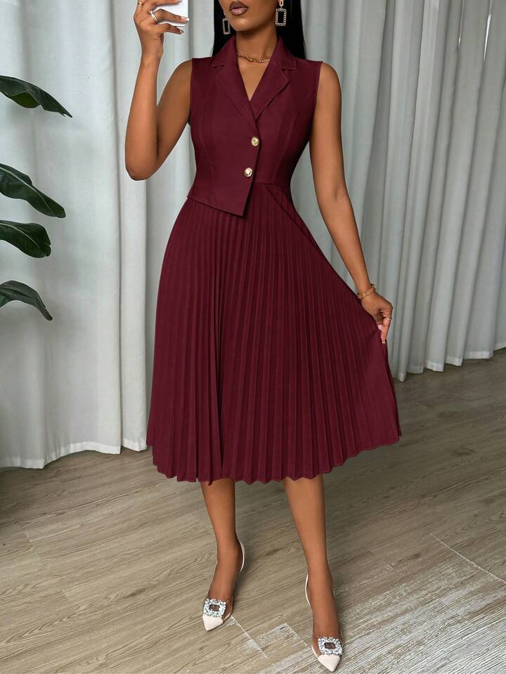 Pleated Sleeveless Single-Breasted Casual Summer Dress Burgundy Outfit