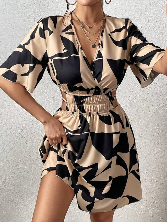 Cut Out, Wrap, Shirred Khaki Dress