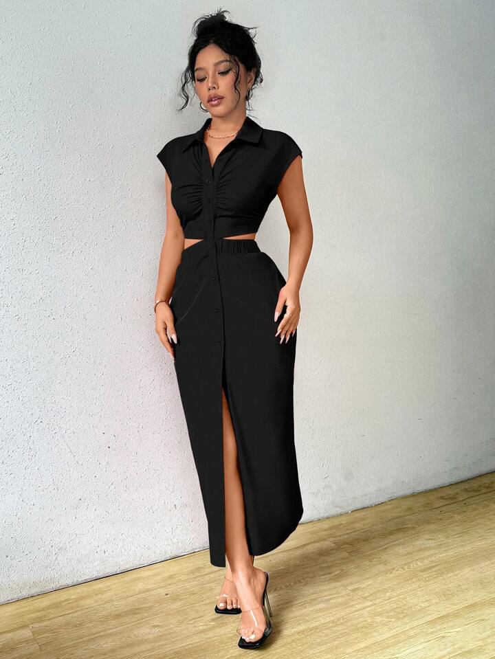 Women's Short
Sleeve Pleated Slit Solid Color Elegant Charming And Graceful Dress Maxi Women Outfit