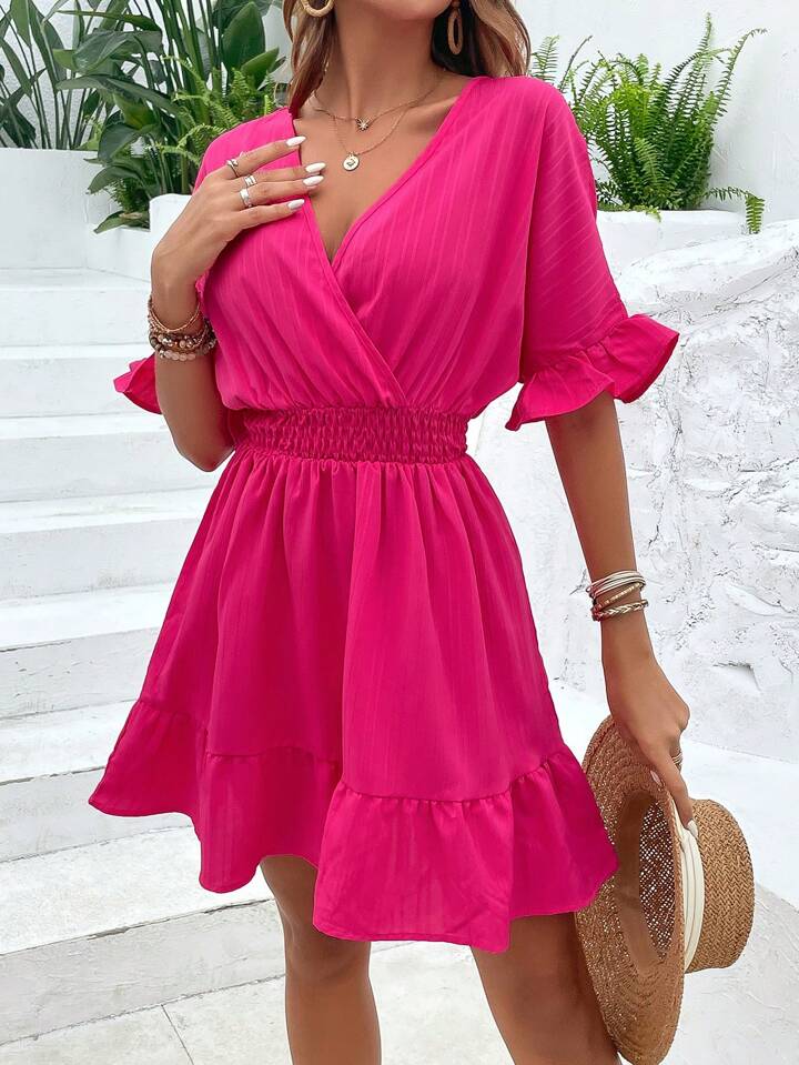 Frill, Ruffle Hem, Wrap Hot Pink Dress