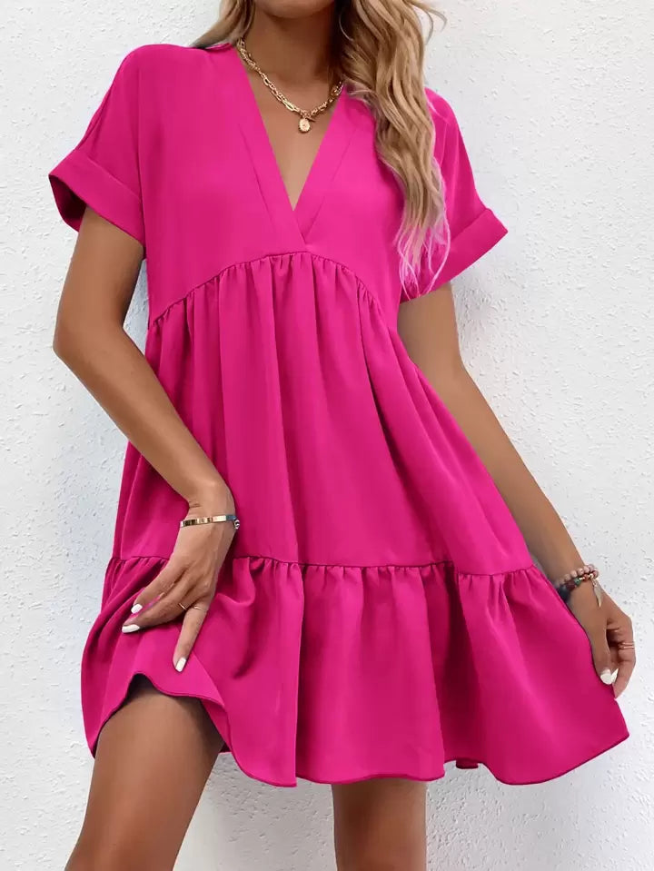 Roll Cuff Ruffle Hem Solid Dress