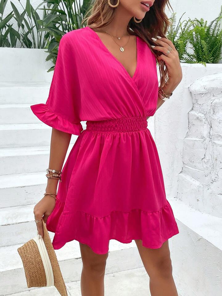 Frill, Ruffle Hem, Wrap Hot Pink Dress