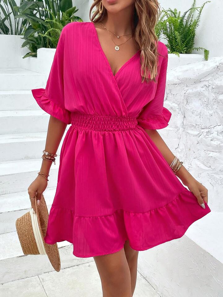 Frill, Ruffle Hem, Wrap Hot Pink Dress