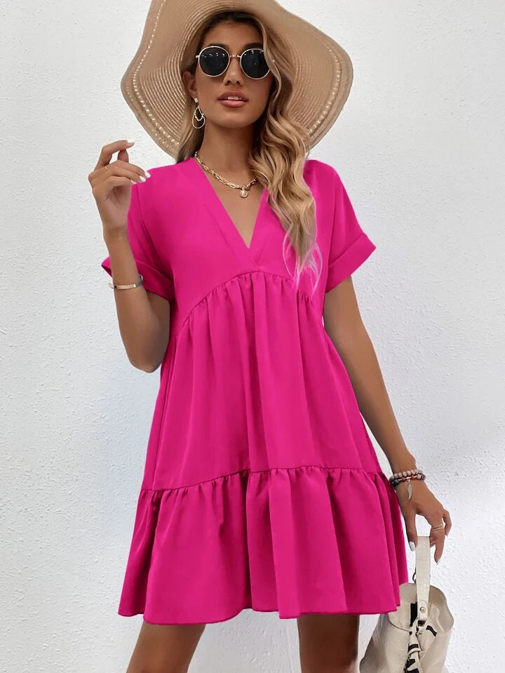 Roll Cuff Ruffle Hem Solid Dress