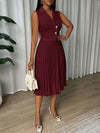 Pleated Sleeveless Single-Breasted Casual Summer Dress Burgundy Outfit