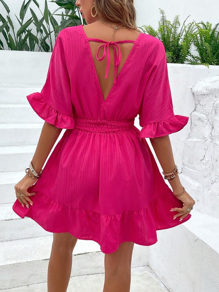 Frill, Ruffle Hem, Wrap Hot Pink Dress