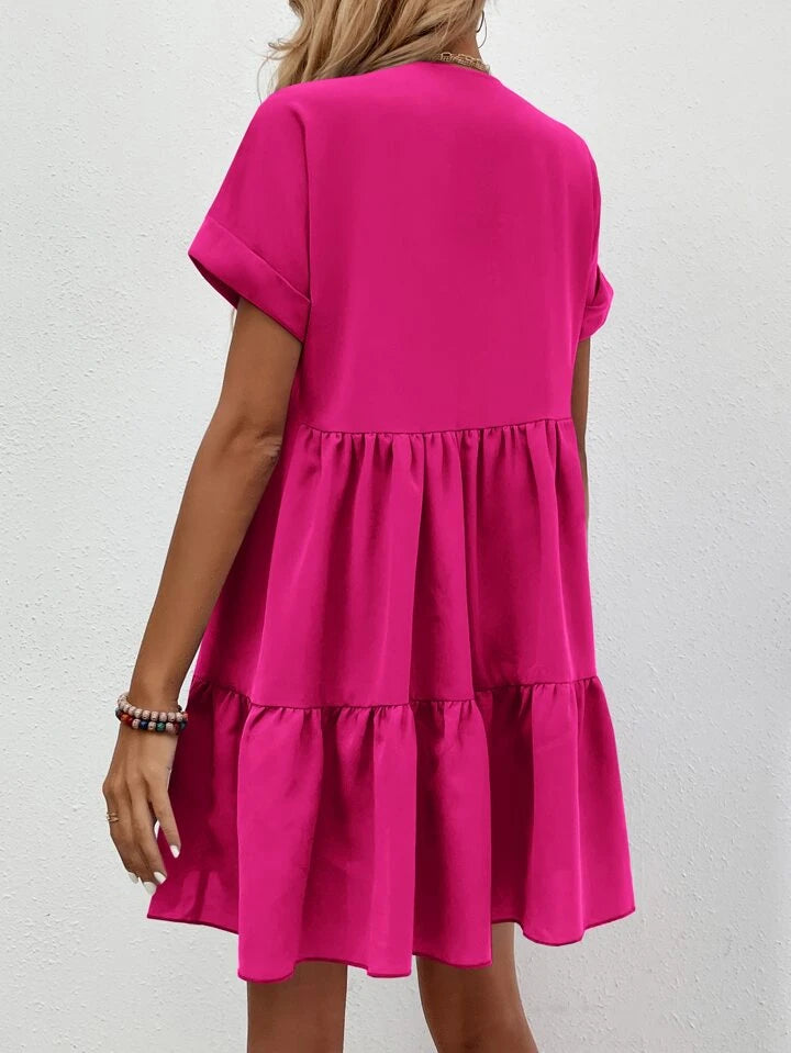 Roll Cuff Ruffle Hem Solid Dress