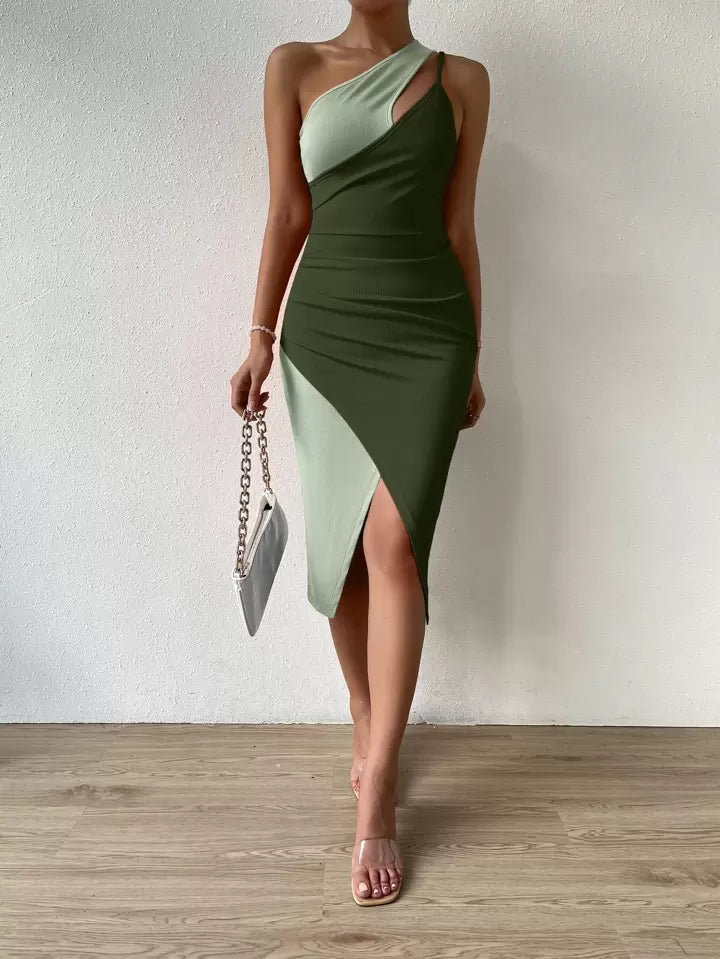 Two Tone Cut Out One Shoulder Asymmetrical Hem Dress Maxi Women Outfit
