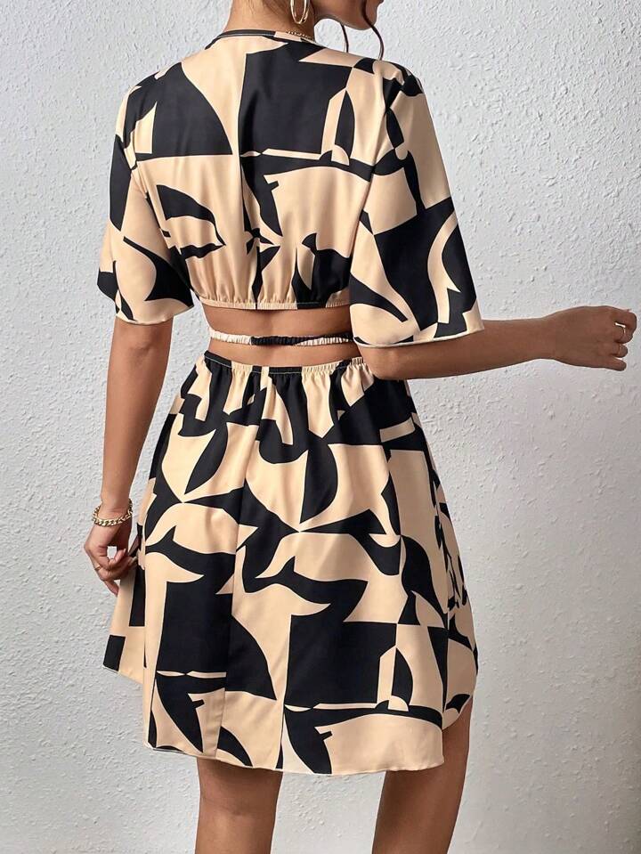 Cut Out, Wrap, Shirred Khaki Dress