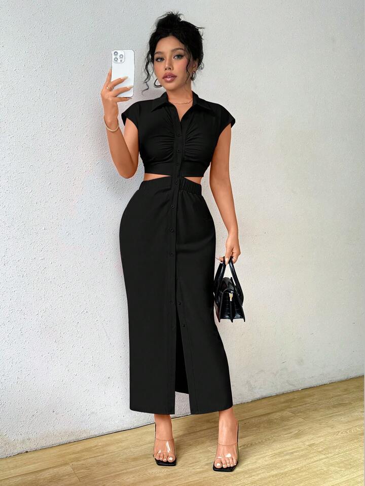 Women's Short
Sleeve Pleated Slit Solid Color Elegant Charming And Graceful Dress Maxi Women Outfit