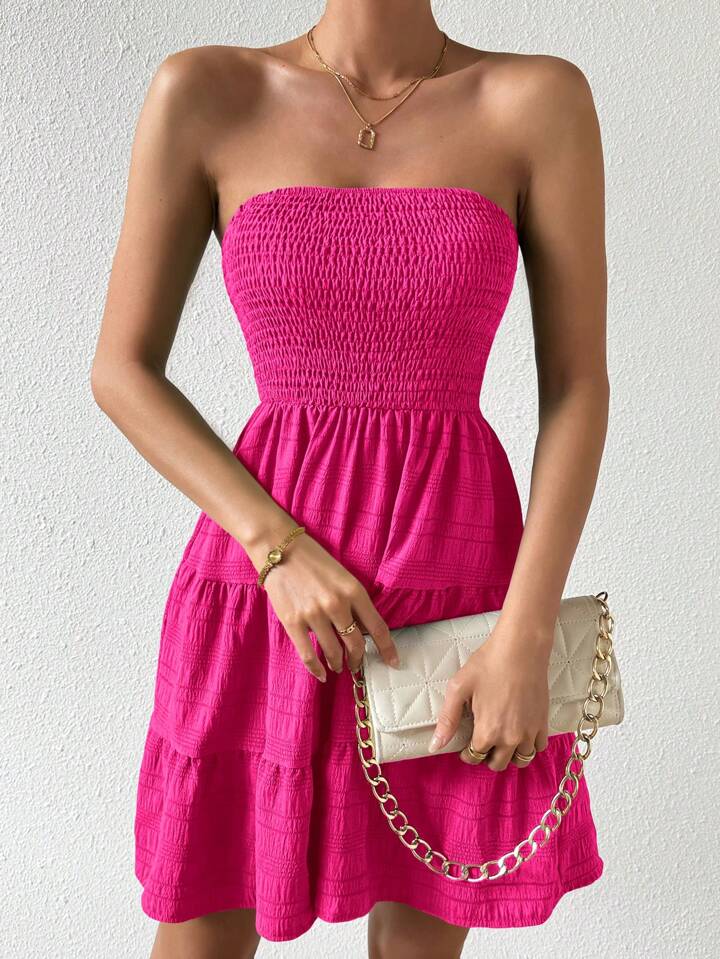 Ladies' Fashionable Strapless Multi-Tiered Hem Dress
