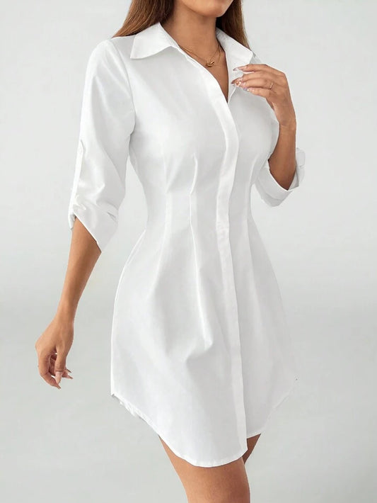 Button, Zipper, Plicated Shirt Dress