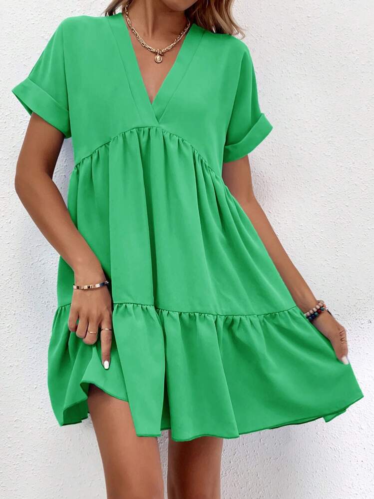 Women's V-Neck Short Sleeve Ruffled Hem Elegant Charming Fashion Dress