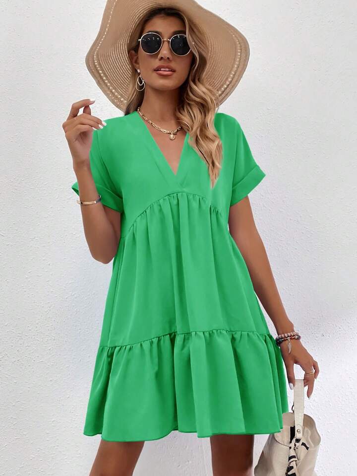 Women's V-Neck Short Sleeve Ruffled Hem Elegant Charming Fashion Dress