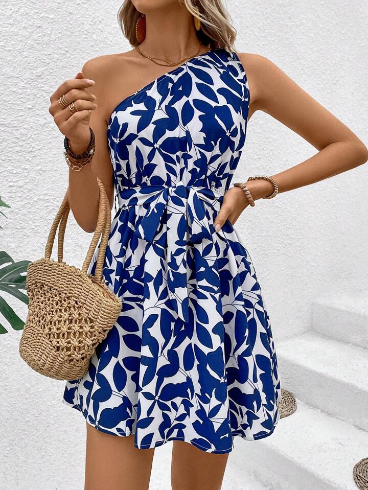 Breezaya Ladies' Full Printed One-
Shoulder Belted Dress Vacation Beach Outfit
