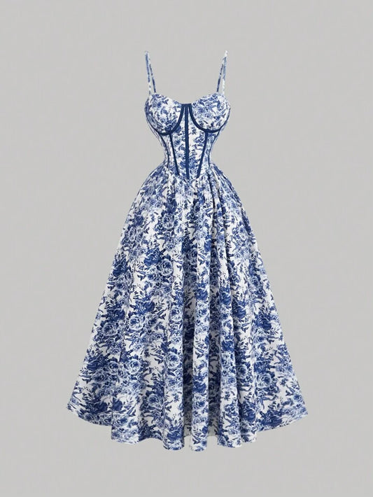 White and blue floral Dress