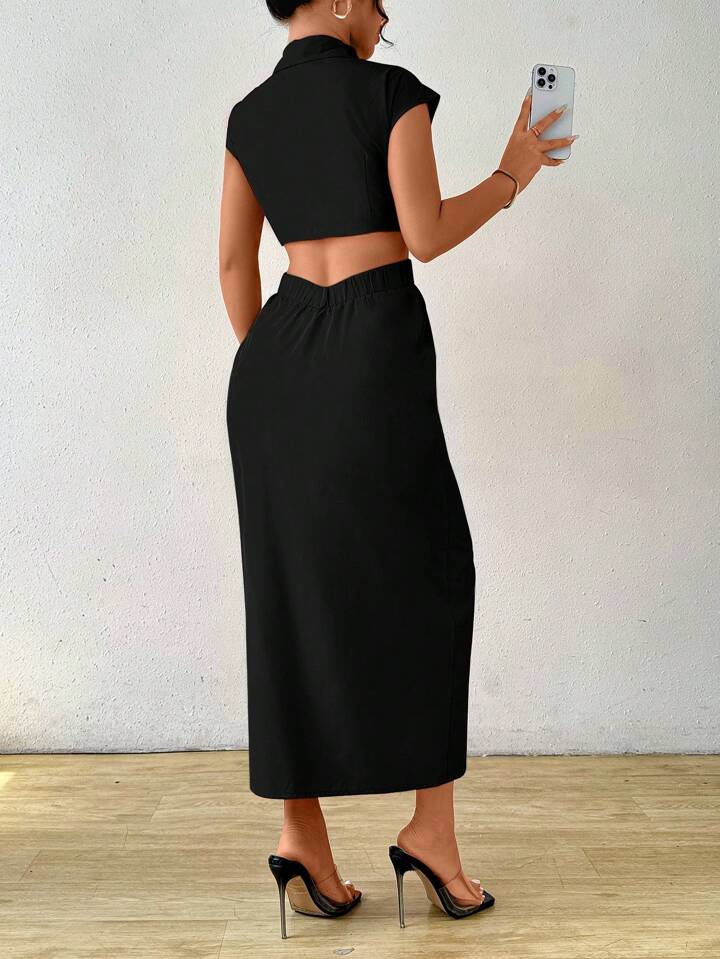 Women's Short
Sleeve Pleated Slit Solid Color Elegant Charming And Graceful Dress Maxi Women Outfit