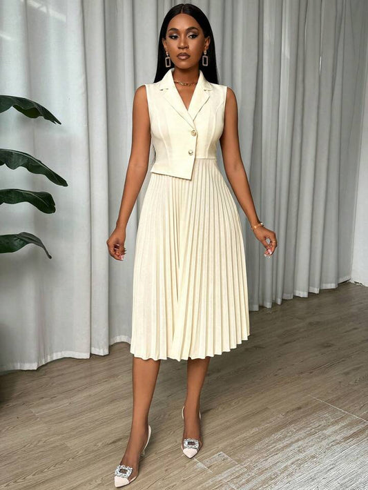 Women's Summer Sleeveless Elegant Pleated Dress With Contrast Collar Maxi Women Dress