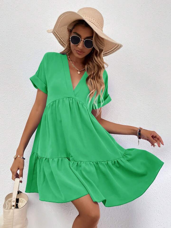 Women's V-Neck Short Sleeve Ruffled Hem Elegant Charming Fashion Dress