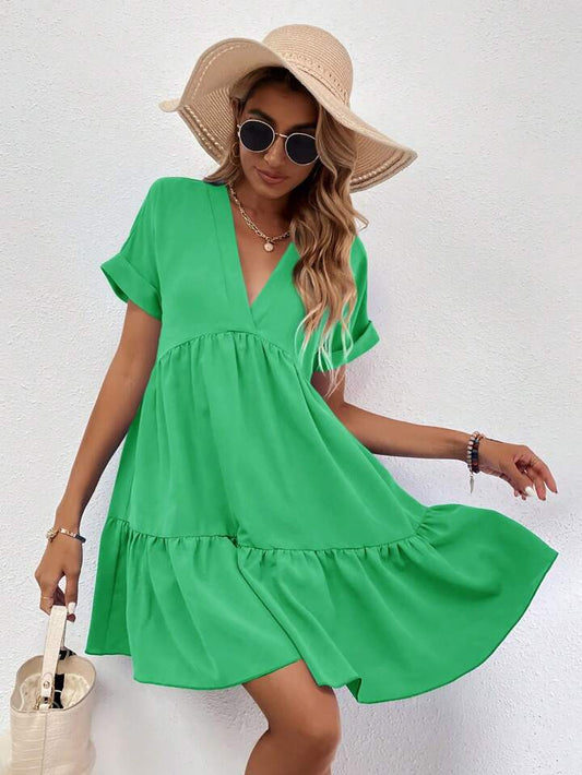 Women's V-Neck Short Sleeve Ruffled Hem Elegant Charming Fashion Dress