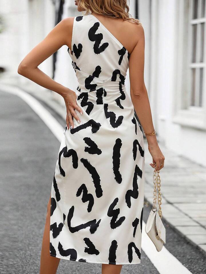 Allover Print One Shoulder Cut Out Waist Asymmetrical Hem Dress Maxi Women Outfit