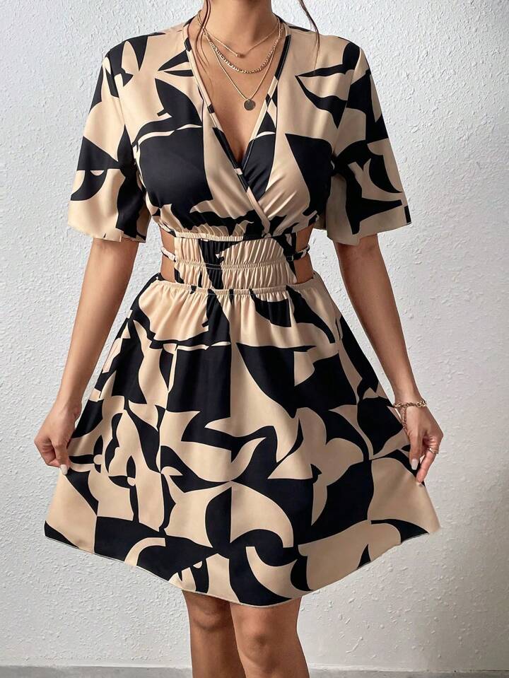 Cut Out, Wrap, Shirred Khaki Dress