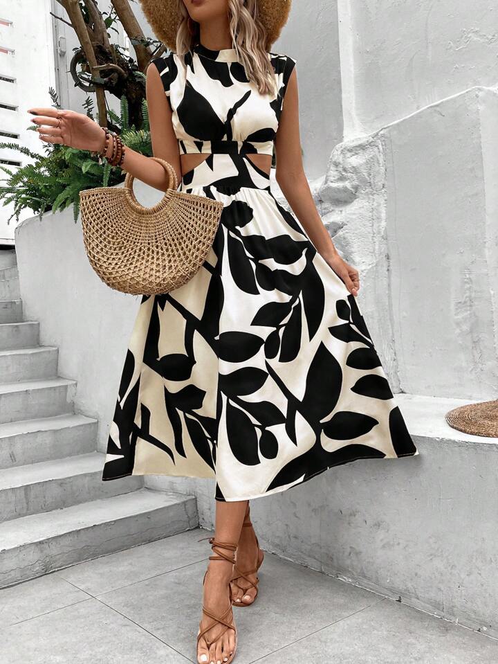 Breezaya Plants Print Cut Out Batwing Sleeve Dress