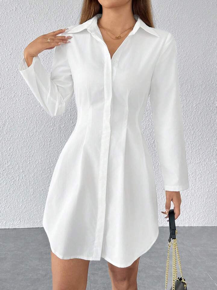 Button, Zipper, Plicated Shirt Dress
