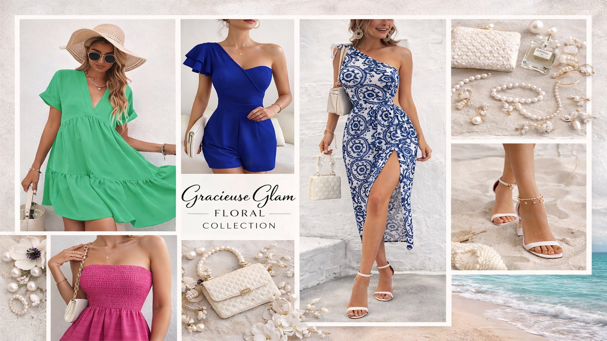 Collage of women wearing dresses with 'Gracious Glam' branding, featuring floral designs.